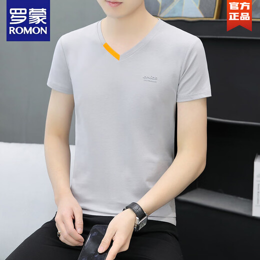 Romon Sommer neuer Männer purer Baumwoll gegen Halbschlärm T-Shirt Trendy Casual Small Letter Print Chicken Heart Kragen Kurzschlärm T-Shirt 691 Weiß M 90-100jin [Jin gleich 0,5 kg]