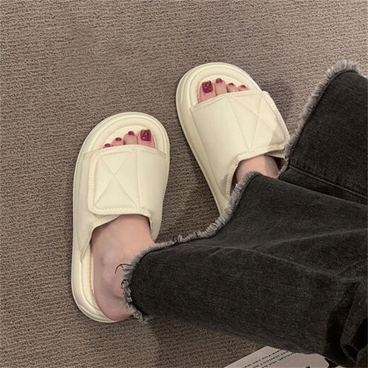 Four seasons new thick-soled slippers for women wearing outside with versatile and high-quality and fashionable temperament Fairy-style summer slip Velcro 9923 [White] Velcro 36 -37 [One size smaller]