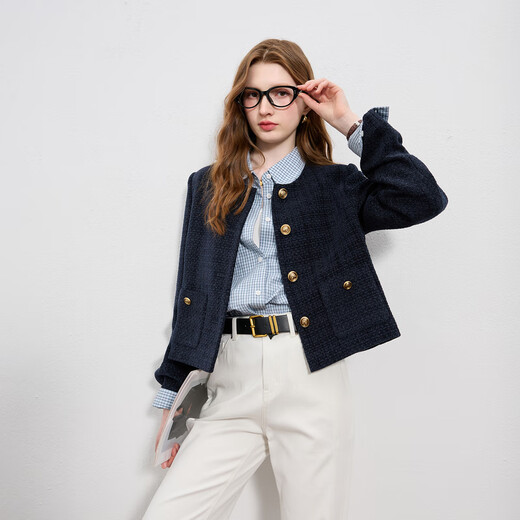 Drei Farbe 2025 Herbst Neuer alte Qianfeng Xiaoxiang Jacke Loose Short Round Neck Cardigan Single Breast M Navy Blue S 155/80A