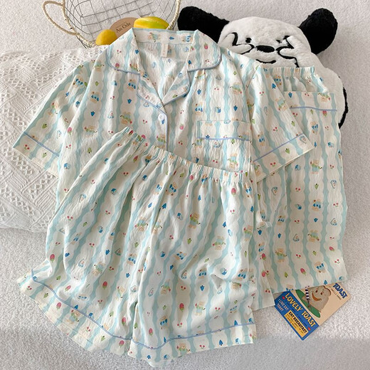 芬腾三件套樱桃小熊睡衣女夏季短袖可爱卡通宽松云朵棉夏天家居服套装 js-9902#星星kt猫 三件套-云感 M 码155-162体重105斤内