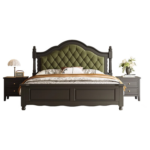 South classical furniture American light luxury retro black 2-meter solid wood bed French mid-century style green soft bag storage master bedroom princess bed single bed 1.5*2 meters