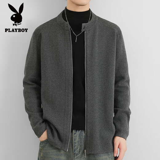 花花公子（PLAYBOY）针织开衫外套男士秋季纯色夹克轻熟风高端男款棒球领外穿毛线衣 灰色 M 110斤以内