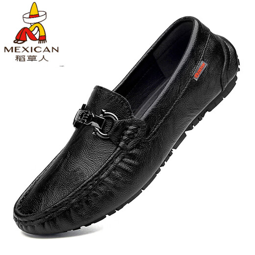 稻草人（MEXICAN）2025鳄鱼纹男鞋春秋新款豆豆鞋真皮男软皮软底一脚蹬懒人休闲皮鞋 黑色9901镂空透气 38