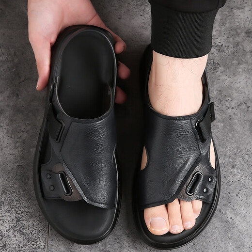 Spinnenprinzen Sandalen Herren 2025 Neue Sommer-Männerschuhe echte Leder lässig Outdoor Beachschuhe Nicht rutschende Dual-Purpose-Sandalen Lederschuhe 9923 Black 40