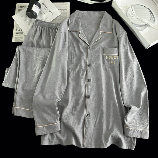 冉艺岚韩版简约云朵棉睡衣男士春秋季长袖开衫青年休闲可外穿薄款家居服 12401# 10XL l码建议100-120斤