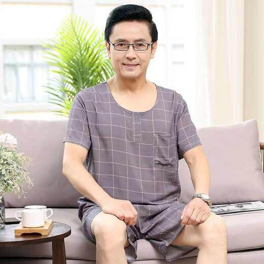 Mu Fengqing Summer en soie en soie Nouveau pyjama Pyjama d'âge moyen et âgé pour hommes et personnes âgées Round Neck Pullover Shorts à manches courtes à manches à manches à manches courtes 2694 VILLES CHOSS L Recommandé 100-135 Jin [Jin est égal à 0,5 kg]