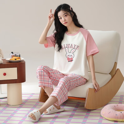 
Arctic velvet pajamas for women in summer pure cotton V-neck short-sleeved cropped pants loose and casual can be worn outside spring home clothing suit T-9854 (short suit) M (80-100Jin [Jin equals 0.5 kg])