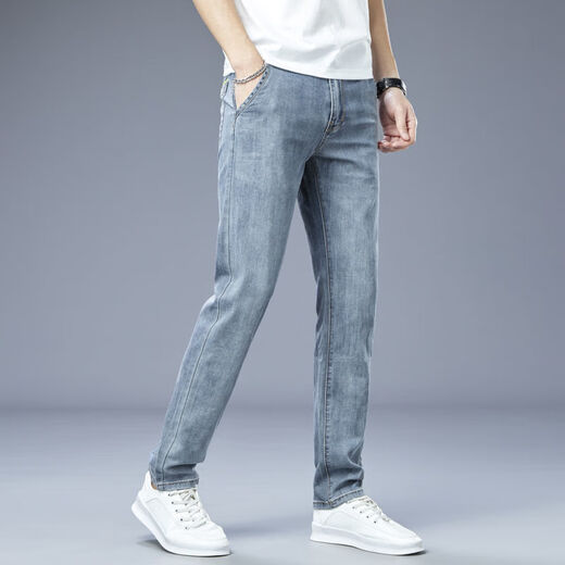 Siete lobos Summer delgados jeans delgados de gama alta para hombres Pantalones casuales rectos sueltos para hombres estiramientos transpirables hombres 9866 azul claro [contador] 32 [dos pies cinco]