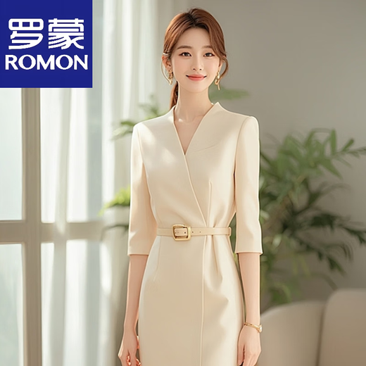 
ROMON (ROMON) 2025 summer new style formal occasion temperament and fashion professional high-end mid-length suit dress for women apricot color XL 120-130Jin [Jin equals 0.5 kg]