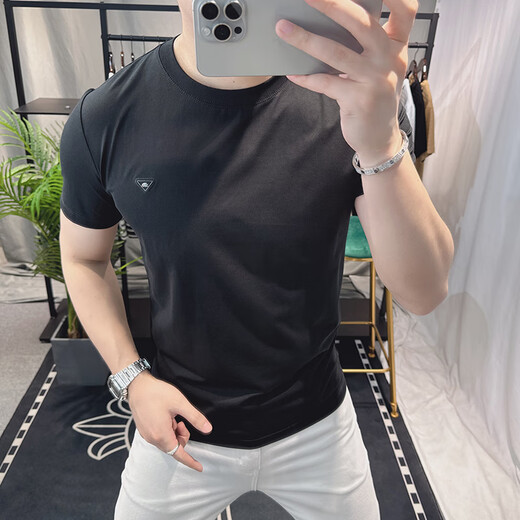 Yi Dougs T-shirt à manches courtes pour hommes à manches courtes à manches européennes Slim Fit Cound Round Half manche haut de gamme Simple European Goods Half mandeve Black D6621 M