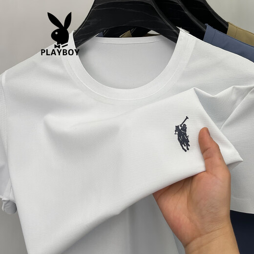 Playboy (PLAYBOY) summer ice-sensing short-sleeved T-shirt for men 2025 new high-end embroidered loose cool round neck T-shirt 13588 white M [weight 90-120 Jin [Jin equals 0.5 kg]]