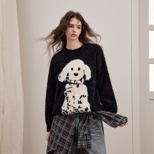 UNIFREE 25th Autumn Style Lazy Style Contrast Color Dog Pattern Vibrant Age-Reducing Loose Pullover Sweater Black One Size