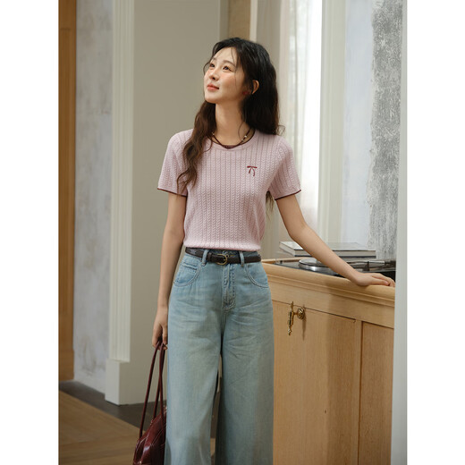 谜秀樱花粉挑空扭绳针织衫2025夏季新款蝴蝶结刺绣撞色边设计短款上衣 花色 樱花粉 上衣 M