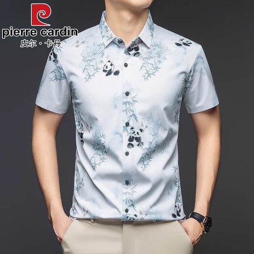 Pierre cardin short-sleeved printed shirt men's summer high-end light luxury middle-aged tops business casual Chinese style non-iron shirt GR/9926 blue short-sleeved shirt M 48 [Suggested 100-120Jin [Jin equals 0.5 kg]]