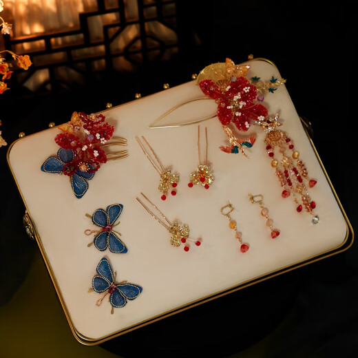 YWZR new age-reducing bridal headdress Xiuhe suit red and blue Chinese classical style flower tassel butterfly hairpin hair accessories headdress set (D0219)