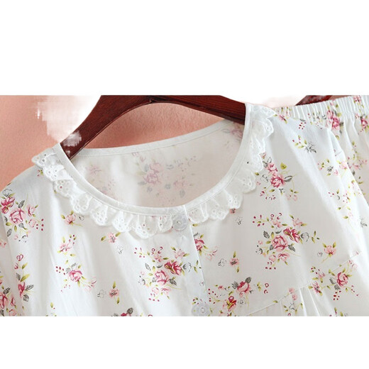 Opeodly全棉斜纹布睡衣女春夏薄款长袖小清新碎花梭织布睡衣家居服套 白色柠檬6636 M (80-108斤)