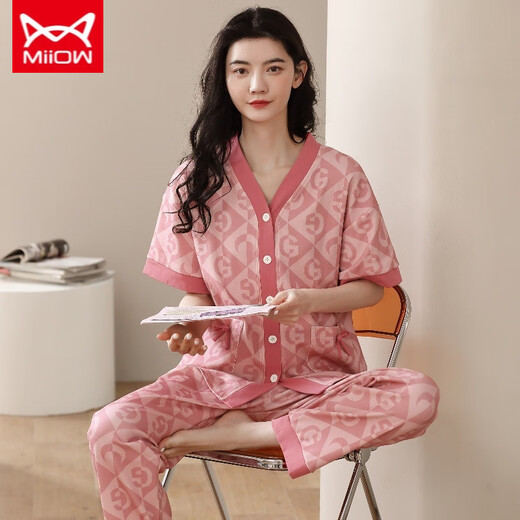猫人 MIIOW睡衣女春夏短袖长裤开衫韩版可爱V领夏天家居服全纯棉套装 YSH-9734#开衫 M 码80-100斤