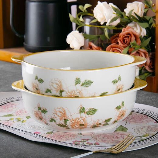 Ceramic double-eared bowl, new large size household anti-scalding underglaze colored water-boiled fish large dish basin, good-looking soup bowl with white spoon, Camellia 2-piece set, 10.5-inch double-eared bowl, 1 pack + 1 white spoon