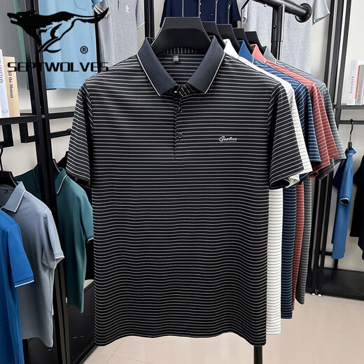Seven Wolves summer new high-end elastic polo shirt middle-aged men's T-shirt loose stripes breathable thin cool short-sleeved men 9922/white 4XL 190190-205Jin[Jin equals 0.5 kg]