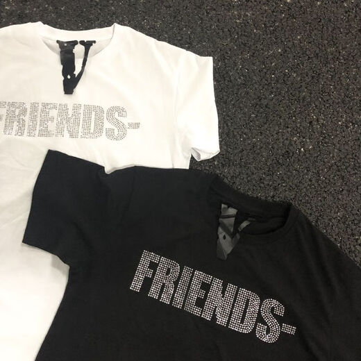 Vlone Back-Hot Diamond Big V Kurzärmelte P0P Up Guerilla Store Limited Style Männer und Frauen-Strass-Steinpaar T-Shirt 6198 Schwarz S