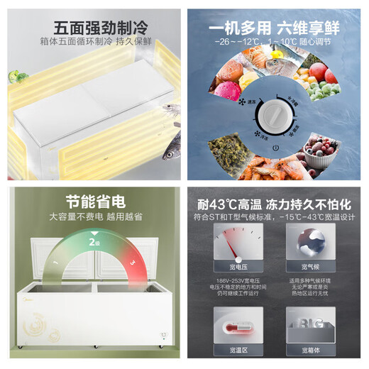 Midea premier et deuxième niveau d'efficacité énergétique ménage congélateur commercial température unique réfrigération à double température et protection contre les pannes de courant de réfrigération économie d'énergie basse congélateur température unique 719 litres conversion de réfrigération et de congélation