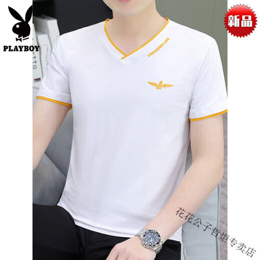 Playboy (Playboy) Al año durante todo el año, de alta calidad, de alta calidad, seda de seda fría, cuello de collar de pollo con cuello en V de algodón puro de algodón corto de algodón corto, camiseta de base de hombres de alta gama, de alta gama, marca de alto nivel, 691, estampado en estampado de gama alta m sin píldora y sin color caída