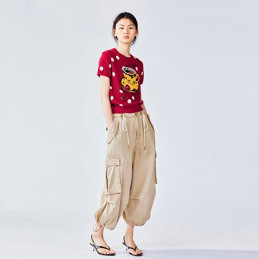 Uooyaa / wuya 2025 Été Nouveau amour et nourriture café l'après-midi Pull t-shirt rouge l