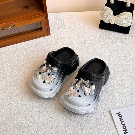 Children's sandals, girls' clogs, sandals, non-slip toe-cap slippers, 2025 summer new color-blocking beach shoes, black butterfly stars, size 34-35, inner length 21cm