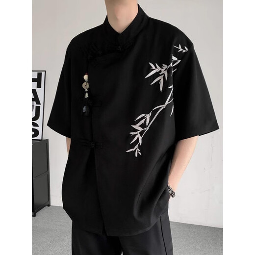 Schwören von Männern Verlobung vom neuen chinesischen Top -Ice -Seidenhemd Herren Sommer Bambus bestickter Anzug Hemd Reinigungsmittel schwarzes Hemd 5xl