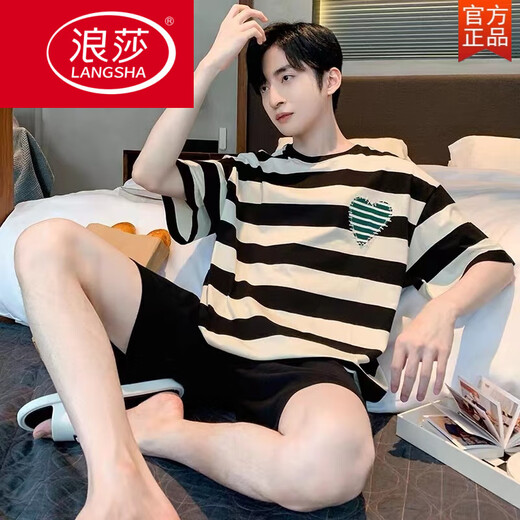 浪莎（LangSha）男士睡衣夏季纯棉短袖短裤薄款卡通青少年可外穿加大码家居服套装 6629熊猫 M 男款【80-100斤】
