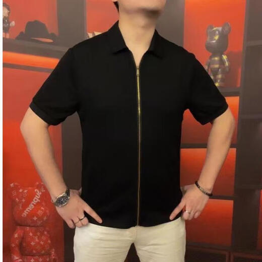 VBPBSQL天骏百货男翻领开衫拉链款短袖商务休闲休闲百搭高品质半袖OP3889 黑色 M 48_(_100-125斤)