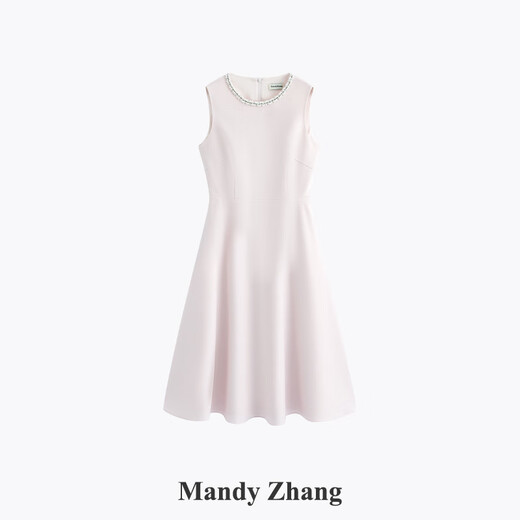 Mandy Zhang法式赫本风气质粉色订婚连衣裙女夏季宴会正式礼服裙子 樱花黛粉 珍珠镶钻 S