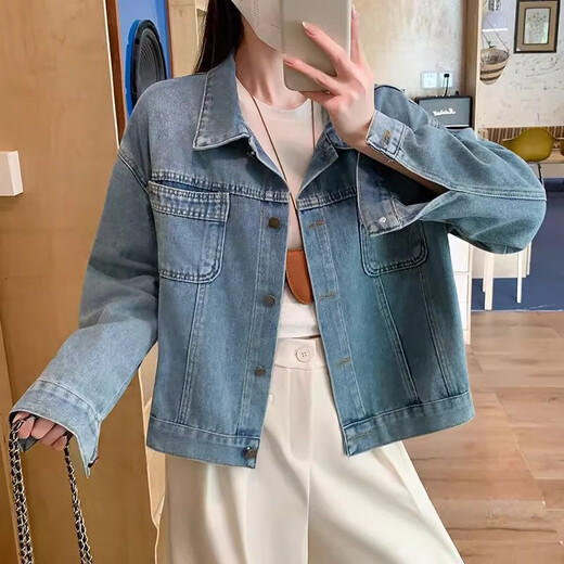 
Yirancheng simple retro short denim jacket for women Spring and Autumn 2025 new Korean loose versatile long-sleeved jacket for women Blue M [Suggested 95-110Jin [Jin equals 0.5 kg]]