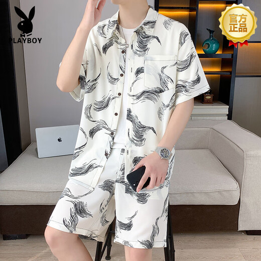 Playboy (Playboy) Camisa de altura corta de gatillo de alta gama Traje de altura de verano de verano y pantalones cortos de playa de vacaciones combinados con camisa 679 metros Traje blanco M 90-110Jin [Jin iguala 0.5 kg]