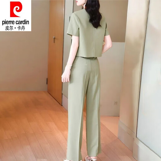 皮尔卡丹（pierre cardin）时尚套装女夏季2025新款洋气显瘦御姐圆领短袖衬衫直筒裤两件套女 12608-黑色套装 M 【建议80-95斤】