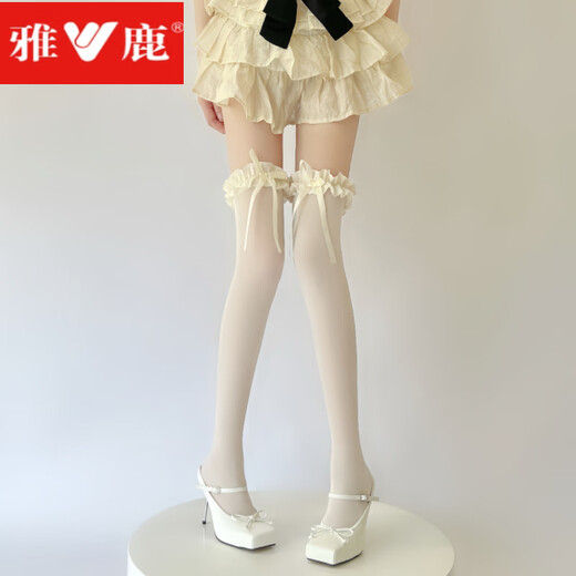 Yalu Lolita white over-the-knee socks, thin velvet high thigh socks, pure lust lace bow stockings, creamy yellow, 1 pair, one size fits all, good elasticity