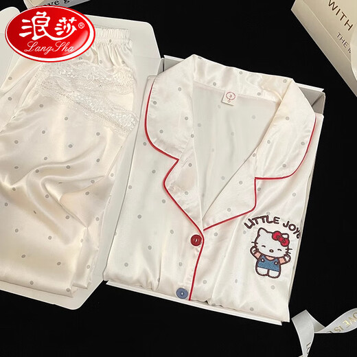浪莎（langsha）HelloKitty睡衣女夏季冰丝绸短袖长裤2025新款家居服三件套春秋天 绣花-KT猫（两件套） M （高150-158cm，体重80-100斤