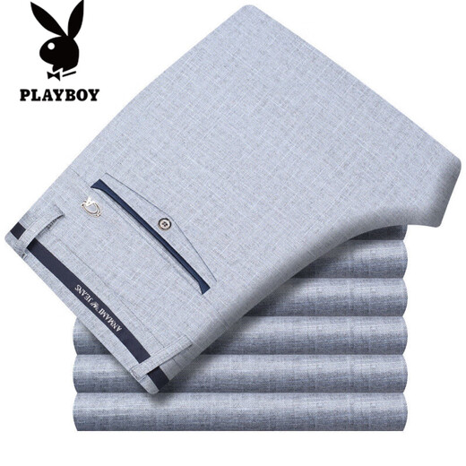 花花公子冰丝男士休闲裤夏季薄款中年直筒宽松大码长裤子商务西裤弹力男裤 679白灰【长裤】 33 2尺6