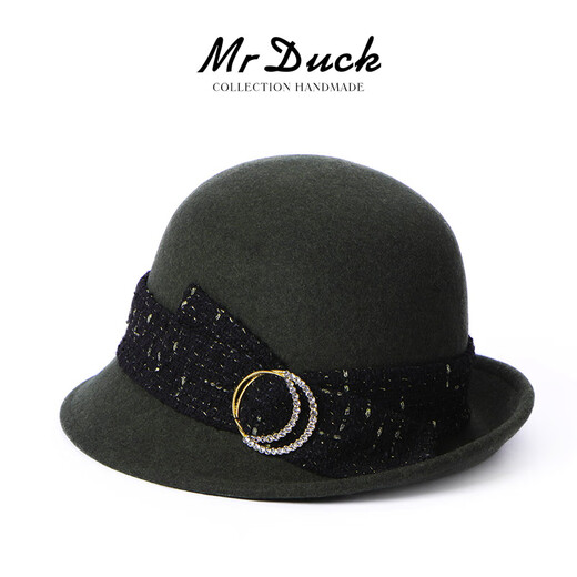 Mr DUCK French style dark antique green handmade small fragrant webbing curled top hat Autumn fisherman basin hat for women MW36658-dark antique green (retro basin hat M (55-58cm)