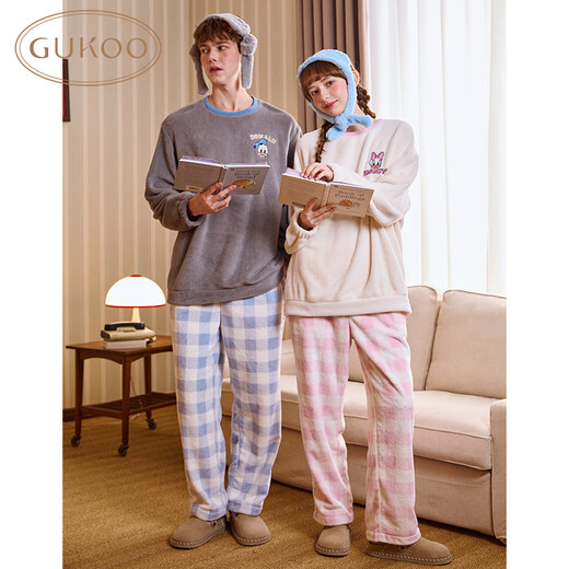Gukoo Couple Pajamas Winter Disney Series Joint Soft Warm Plaid Pants Women's Home Clothes Set Men's Pajamas D Sky Gray Men's Suit XL