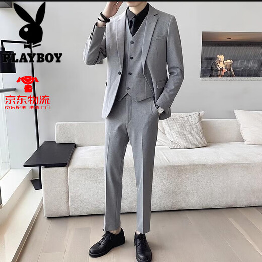花花公子夏季薄款咖啡色西服套装男新郎结婚礼服三件套修身高级感休闲西装 咖啡色三件套+黑衬衫 M (96-109斤)