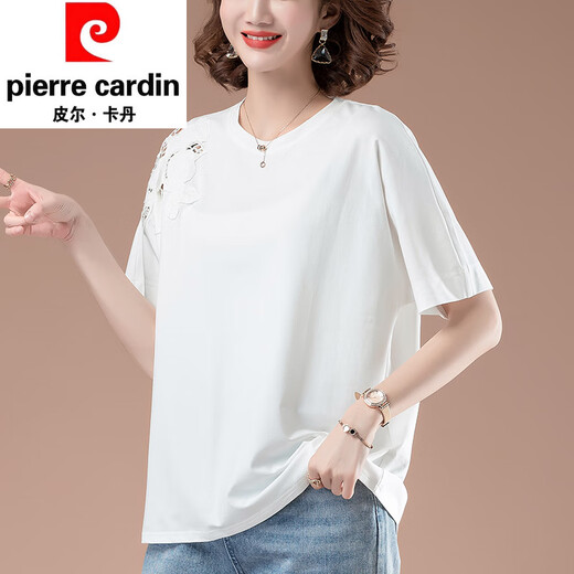 
Pier Cardin plus fat plus size middle-aged and elderly pure cotton T-shirt for women in summer short-sleeved loose solid color middle-aged mother fat MM full cotton t-blood white [KSP-9896] 4XL suitable for 160-180