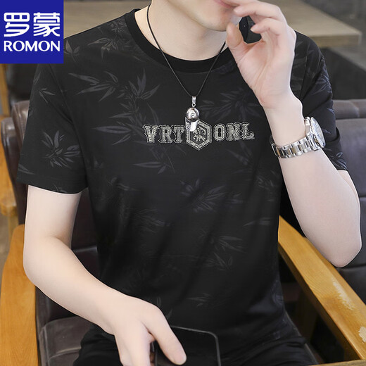 Men de camiseta de flores oscuras de alta gama Romon tendencia de moda de verano corta diamante de diamante de diamante de diamante redonda de cuello redondo de altura blanca M 90-110Jin [Jin equivale a 0.5 kg]