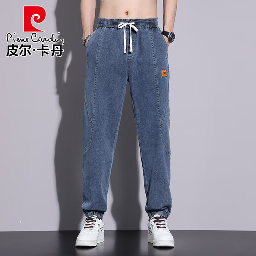 皮尔卡丹（pierre cardin）浅蓝色针织牛仔裤男宽松潮牌工装束脚裤子薄款男裤夏季休闲九分裤 HJ9908深灰色 M