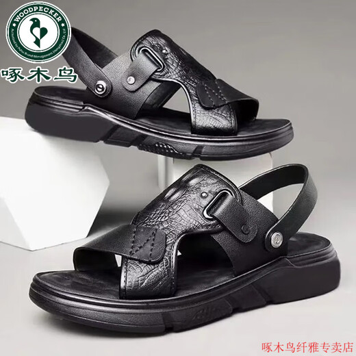 Woodpecker Gentine Leather Cowhide Nouveau Sandales d'été Sandales Men Slip Men's Slip Soft Soft Sole Double usage Chaussures Plats de plage noir 9921 38