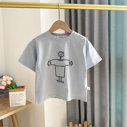 Qinchi boys T-shirt, cotton short-sleeved boys summer sweat-absorbing and breathable base shirt, new children's cartoon half-sleeved summer suit, dark gray 1396T-shirt, 150cm, single size