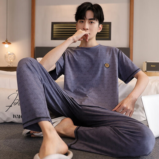 七匹狼（SEPTWOLVES）睡衣男士夏季莫代尔薄款短袖长裤冰丝凉感休闲家居服加肥大码套装 XM9918莫代尔男长裤短袖 L 男100-125斤