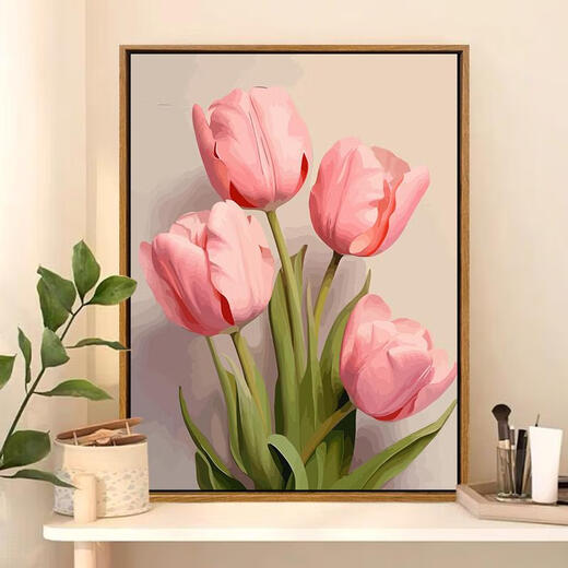 Three-April Tiger Tulip DIY digital oil painting difficult to pass the time to relieve boredom Hand-painted oil painting Living room hanging painting SJ13968 30*40cm stretched thick solid wood inner frame