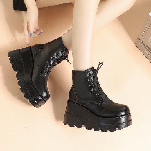 Qisiman Heel Cos erhöhte Schuhe 20 cm Schwamm Kuchen Sohle Martin Boots Herbst und Winter Britische Stiefel Kurzstiefel Frauen Kurzstiefel hohe Sohle schwarz [10 cm Höhe] 38