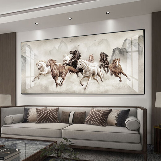 Mi Hong Miehone Ba Jun Bilder Wohnzimmer Hängende Pferde für erfolgreiche Dekoration Malerei Pferde Atmosphärische Büro-Sofa Hintergrund Wandzimmer Malerei CT-1479 (BA Jun Pictures) (glänzend Plexiglass) Schwarz verdickter Aluminiumrahmen + Länge 210 Höhe 90 cm-